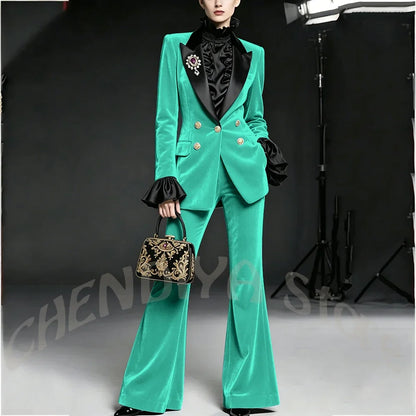 Wine Red Women Suit Stylish Velvet Elegant Outfit Peaked Lapel Blazer Pants Evening Party Prom Female Clothing Two Pieces