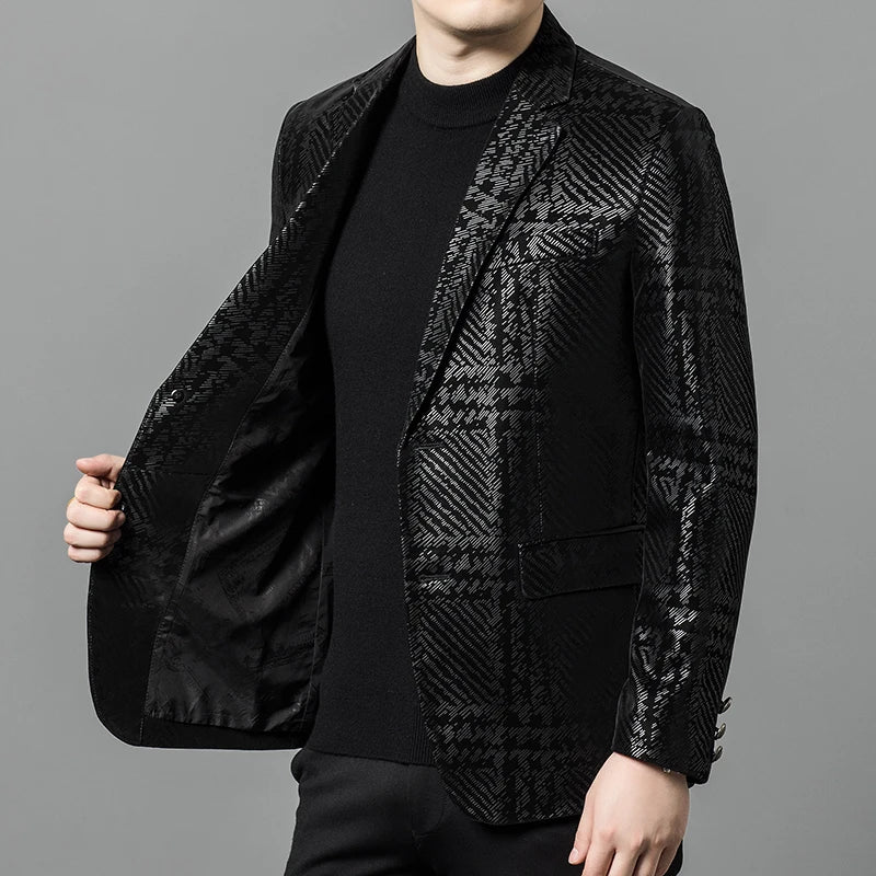 Men's Black Sheepskin Leather Blazer Single Breasted Oversized Winter Biker Style