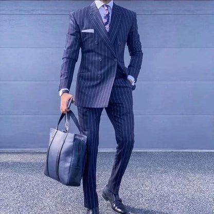 Navy Blue Striped Men Suits Slim Fit Peak Lapel Double Breasted Balzer Pants Office Wedding Groom Tuxedos 2 Piece Business Set