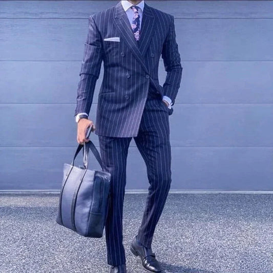 Navy Blue Striped Men Suits Slim Fit Peak Lapel Double Breasted Balzer Pants Office Wedding Groom Tuxedos 2 Piece Business Set