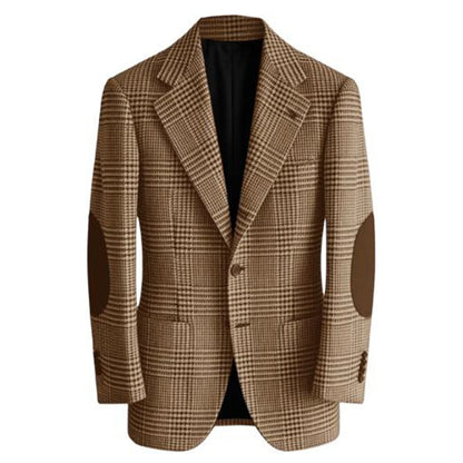 Retro British Plaid Men's Blazer with Elbow Patches Slim Fit Business Casual Tweed Suit Jacket for Office Daily Wear Sport Coats