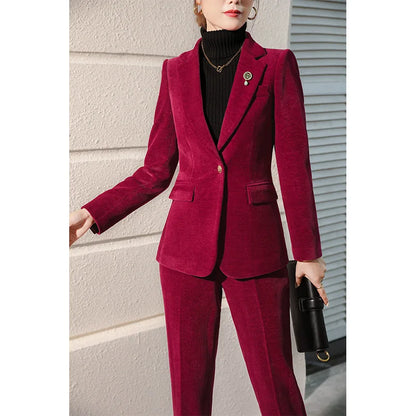 High Quality Fabric Corduroy Formal Women Business Suits OL Styles Professional Pantsuits Office Work Wear Autumn Winter Blazers