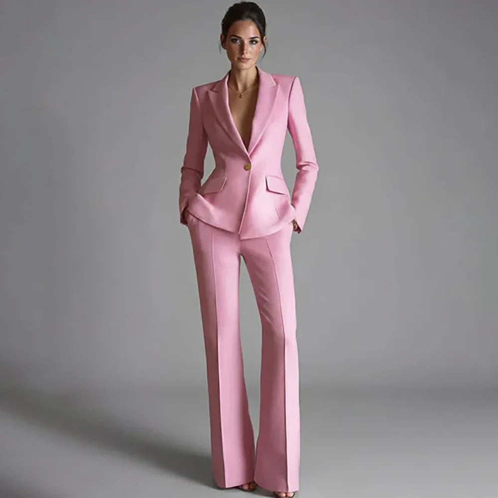 Elegant Women's One-Button Jacket+Pants Suit Set Classic Pink Peaked Lapel 2 Piece Formal Business Wedding Guest Outfit