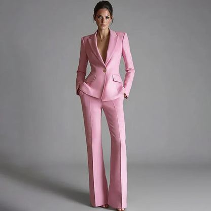 Elegant Women's One-Button Jacket+Pants Suit Set Classic Pink Peaked Lapel 2 Piece Formal Business Wedding Guest Outfit
