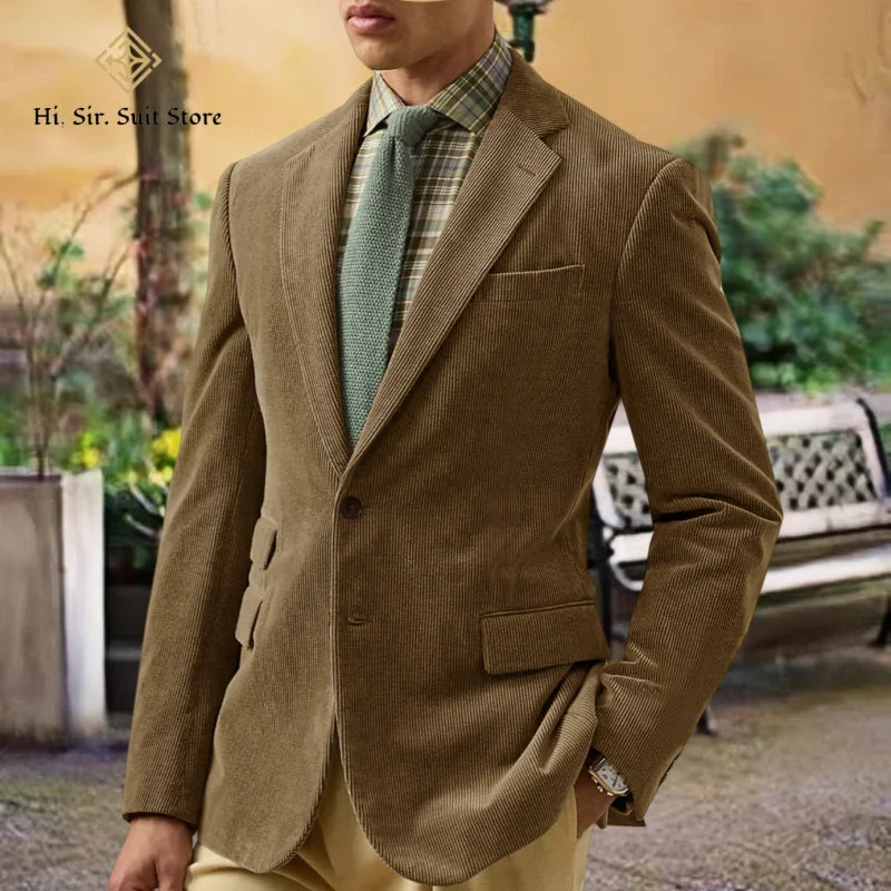 Spring/Autumn New Corduroy Suit Retro Casual Notched Lapel Jacket Single-Breasted Men's Solid Colour Suit Western Sport Coats