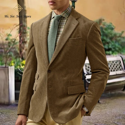 Spring/Autumn New Corduroy Suit Retro Casual Notched Lapel Jacket Single-Breasted Men's Solid Colour Suit Western Sport Coats