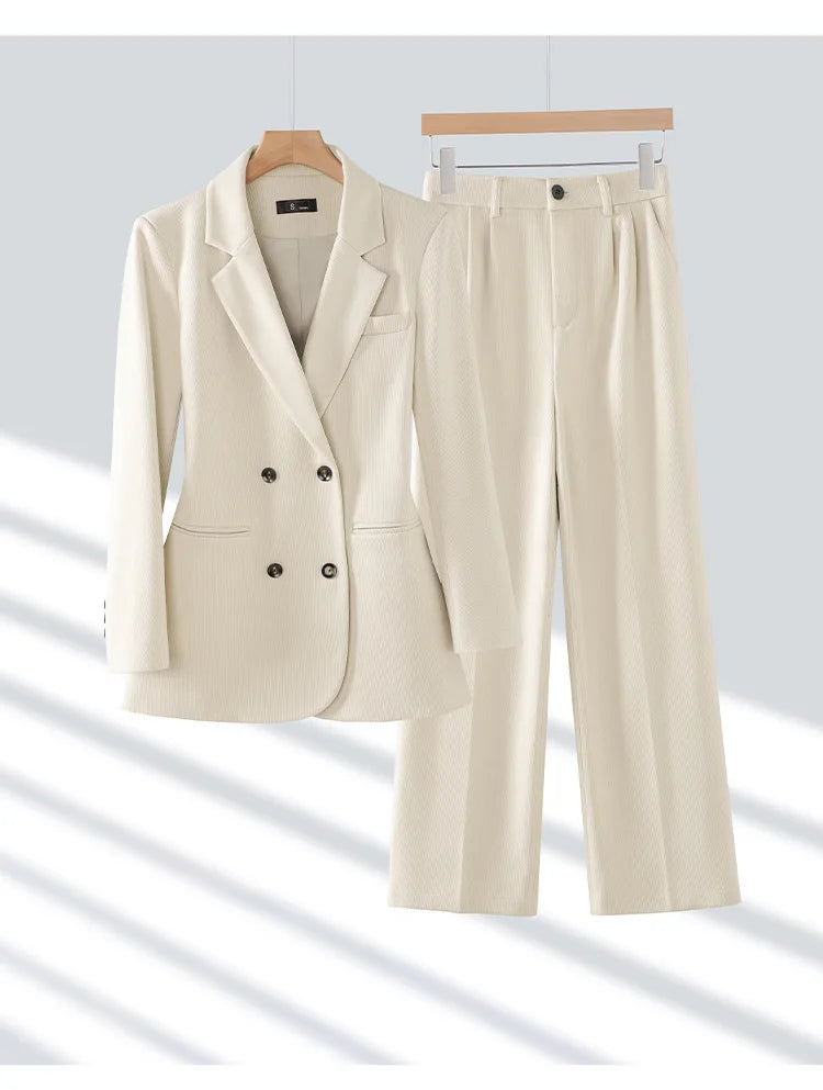 Autumn Winter 2024 New Apricot Coffee Black Elegant Double Breasted Blazer Top And Women High Waist Wide Leg Pant Two Piece Set