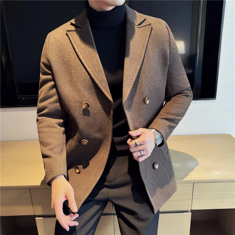 British Style Winter Double Breasted Woolen Suit Jackets Men Thick Warm Wedding Business Blazers Solid Color Casual Dress Coat