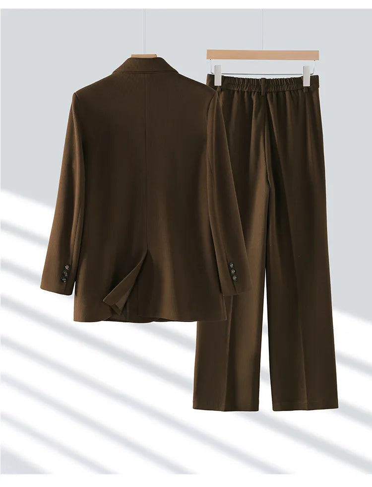 Autumn Winter 2024 New Apricot Coffee Black Elegant Double Breasted Blazer Top And Women High Waist Wide Leg Pant Two Piece Set
