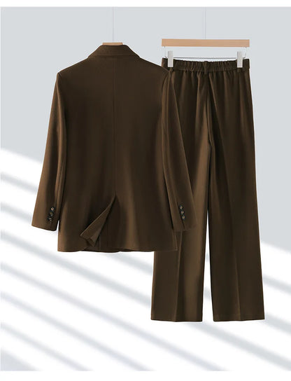 Autumn Winter 2024 New Apricot Coffee Black Elegant Double Breasted Blazer Top And Women High Waist Wide Leg Pant Two Piece Set