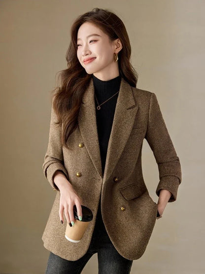 Fashion Grey Blazer Women Coffee Long Sleeve Casual Jacket for Autumn Winter Female Coats Double-Breasted Suit Women’s Clothing
