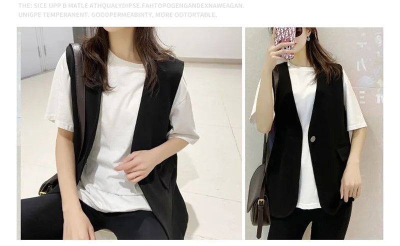 Feminine V-neck Blazer Waistcoat Tops Coat Korean Women Fashion Leisure Suit Vest Outerwear Spring Autumn Ladies Solid Color Sle