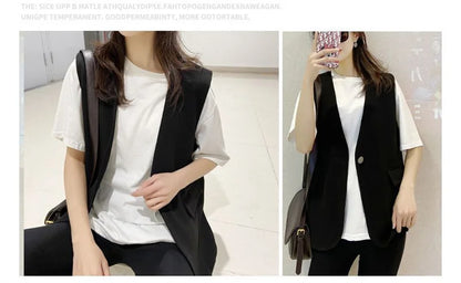 Feminine V-neck Blazer Waistcoat Tops Coat Korean Women Fashion Leisure Suit Vest Outerwear Spring Autumn Ladies Solid Color Sle