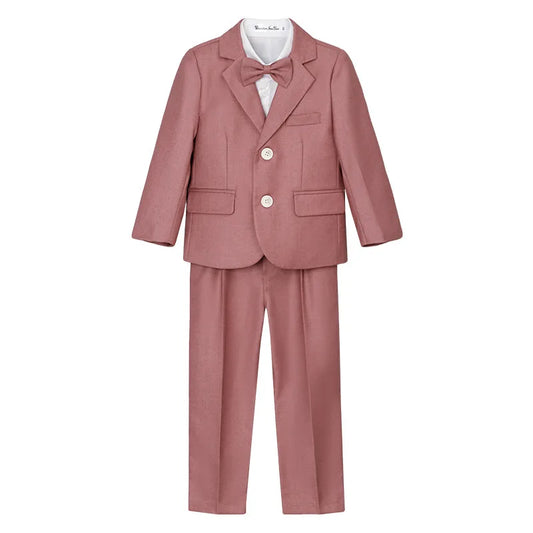 Children's 4Pieces Pink Suit Set With Jacket Vest Pants Bowtie Flower Boys Wedding Outfit Kids Piano Host Performance Costume