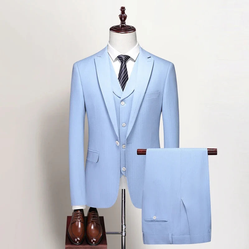 High-end Wedding Suit Autumn (Suit + Vest + Trousers) Men's Fashion All Match Handsome Trend Slim Dress Striped Three-piece Set