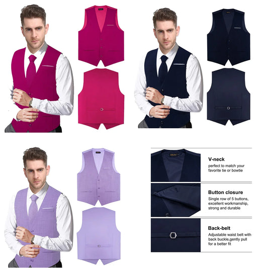 Men's Vest V-Neck Single Breasted Waistcoat with Adjustable Back Belt for Weddings and Business Casual