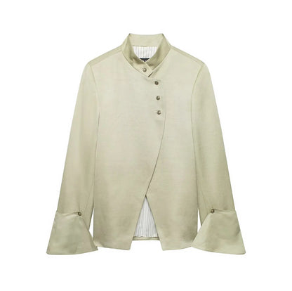 Women New Fashion Single Breasted Long Sleeves Stand Collar Blazer Solid Casual Loose Commuter Coat Woman High Street Jacket