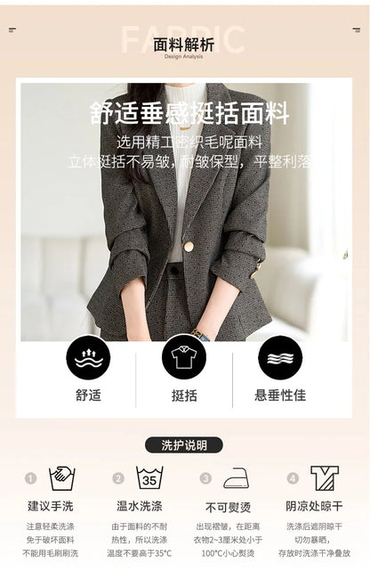 2024 Autumn Winter New Retro Plaid Woolen Blazer Coat And High Waist Flare Pant Two Piece Set Women's Suit Business Clothing