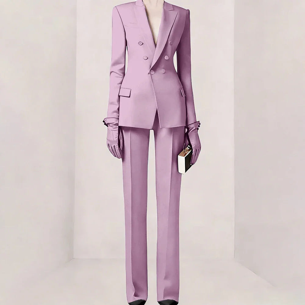 Purple Women Suit Double-breasted Peaked Lapel Two Pieces(Jacket+Pants) Modern Fashion Slim Business Office Lady Set Custom