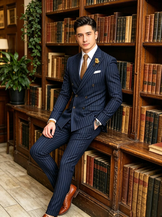 Slim Fit Navy Blue Striped Men's Tuxedo 2 Piece Fashion Dress Suit for Wedding Prom Party Groom Elegant Formal Blazer And Pant