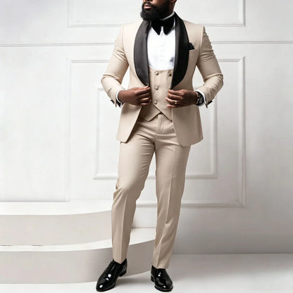 Men Suit Coffee 3 Pieces With Bright Black Lapel For Wedding Birthday Party Banquet Business Work Set Jacket Verst With Pants