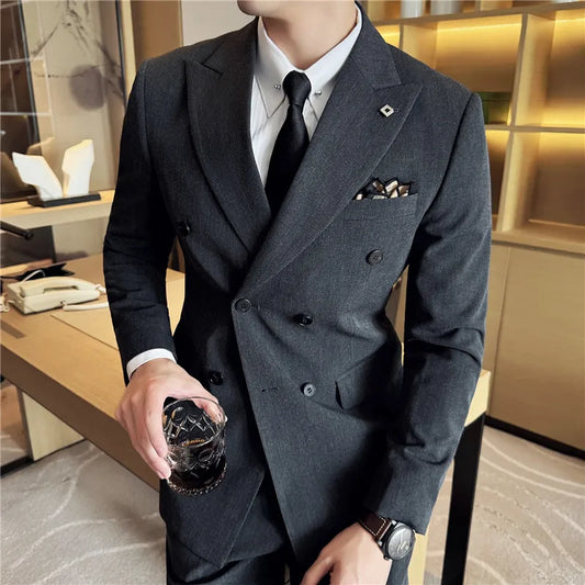 Men's 3 Piece Suit Set Double‑Breasted Solid Color Slim Fit Business Casual Wedding Banquet Jacket Vest Pants Male Formal Outfit