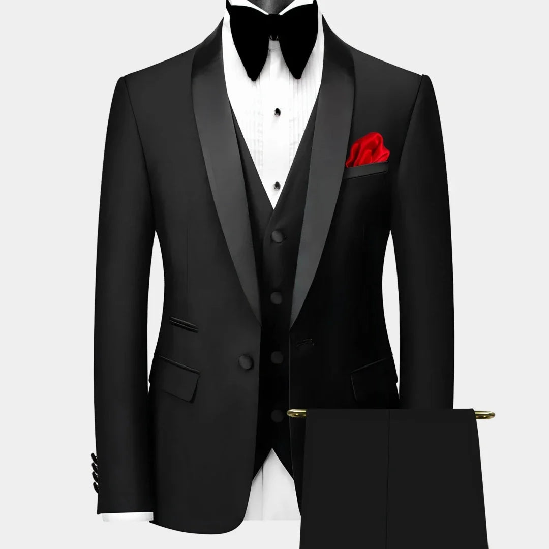 Men Suit 3 Pieces Black Single Button With Bright Lapel For Wedding Groom Banquet Party Business Work Set Jacket Vest Pants