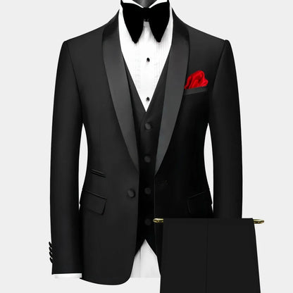 Men Suit 3 Pieces Black Single Button With Bright Lapel For Wedding Groom Banquet Party Business Work Set Jacket Vest Pants