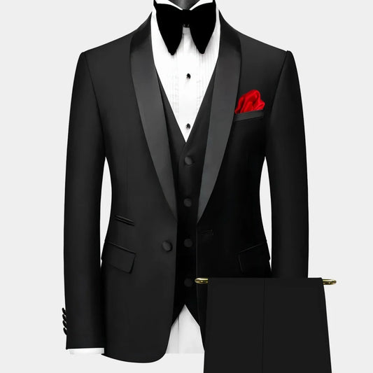 Men Suit 3 Pieces Black Single Button With Bright Lapel For Wedding Groom Banquet Party Business Work Set Jacket Vest Pants