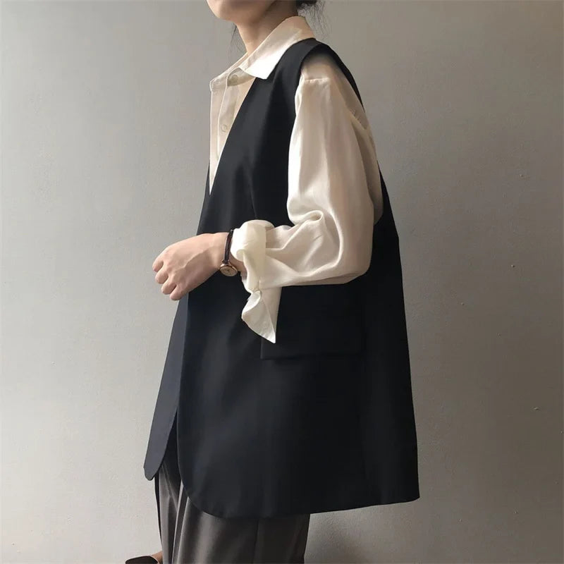 Women V-Neck Suit Coats Casual Sleeveless Blazer Korean Style Oversize Work Vests 2025 Spring Elegant Solid OL Blazer