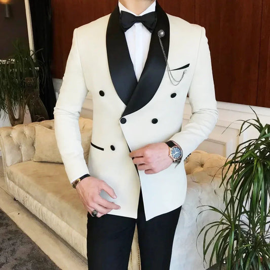Men Suit 2 Pieces White Black With Lapel Double Button For Wedding Banquet Party Business Work Office Set Jacket And Pants
