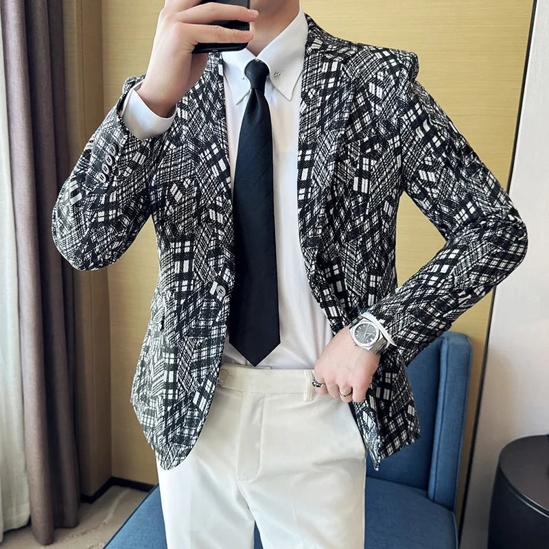 Korean Slim Fit Casual Suit Jacket for Men Fashion Camouflage Business Social Blazers Wedding Streetwear Dress Coat Men Clothing