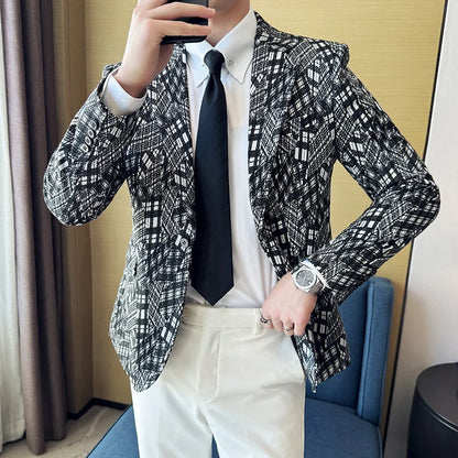 Korean Slim Fit Casual Suit Jacket for Men Fashion Camouflage Business Social Blazers Wedding Streetwear Dress Coat Men Clothing
