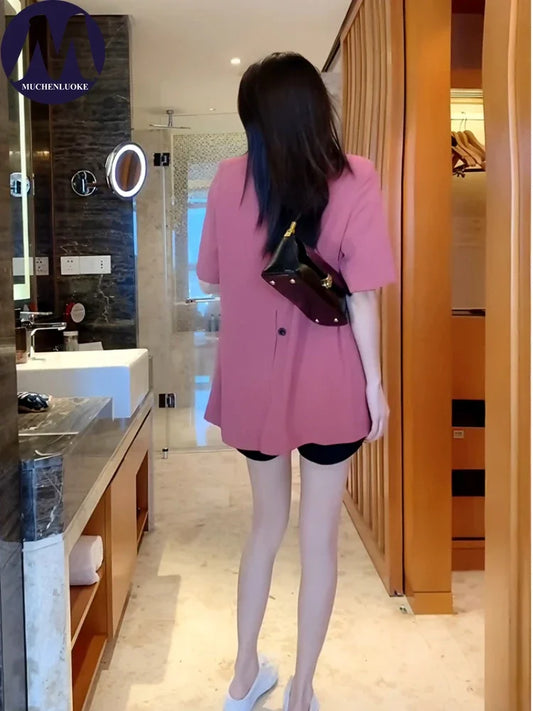 Slim Fit Short Sleeve Blazer Women's Casual Loose Office Top Thin Suit Coat Korean Fashion Summer New