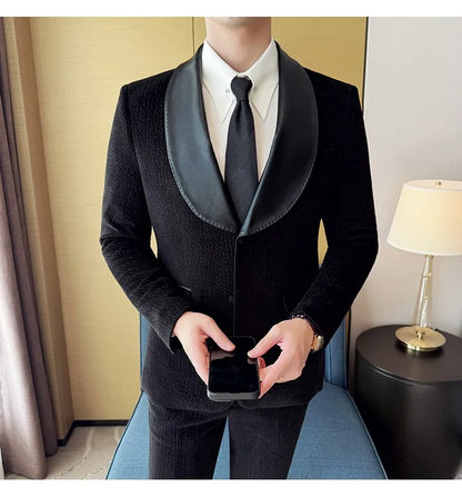 British Style PU Patchwork Suit for Men Casual Business Wedding Suits 2 Pieces Set (jacket+pant) Office Work Party Prom Suit