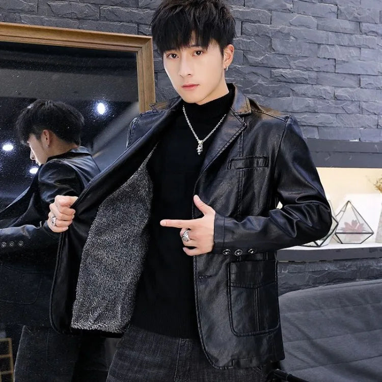 Men's Faux Leather Blazer Jacket Autumn Winter Warm Fleece Lined Casual Versatile Outerwear