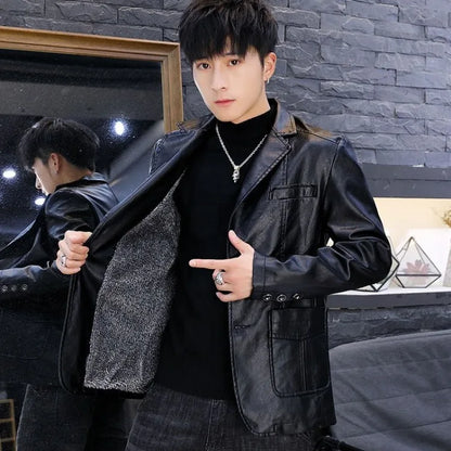 Men's Faux Leather Blazer Jacket Autumn Winter Warm Fleece Lined Casual Versatile Outerwear