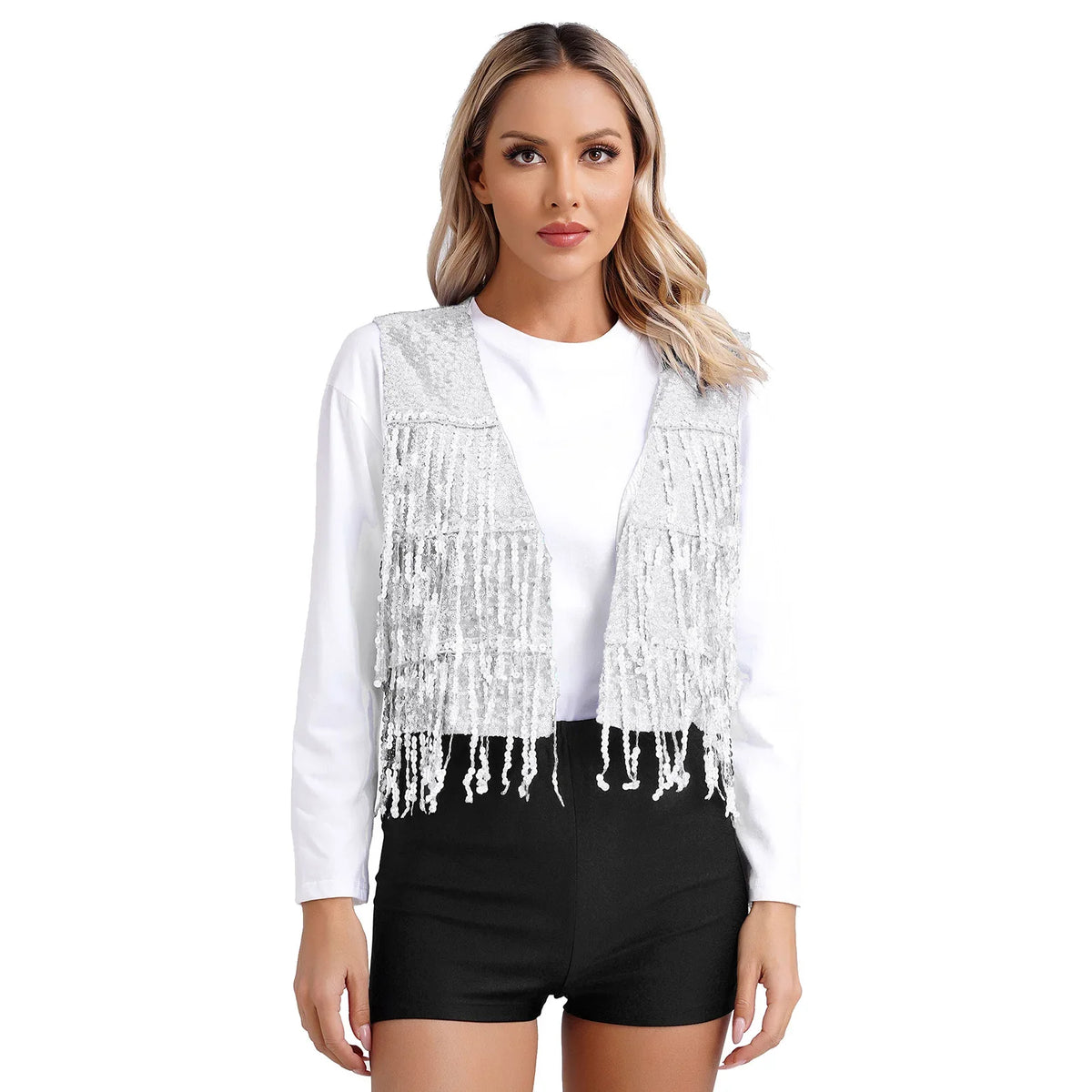 Women's Vest Glitter Tassel Sleeveless Waistcoat V Neck Open Front Shiny Sequins Vests for Jazz Dancing Music Festival Clubwear