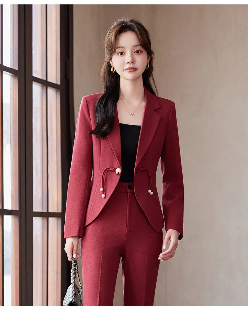 Elegant National Style Buckle Pants Suit  2024 Autumn New Professional Temperament Slim Blazer And Pants Office Ladies Work Wear