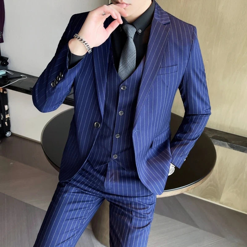 2024 Slim Fit Striped Three-Piece Business Suit Vest Trousers Set Korean Fashion Trend Handsome Wedding Outfit