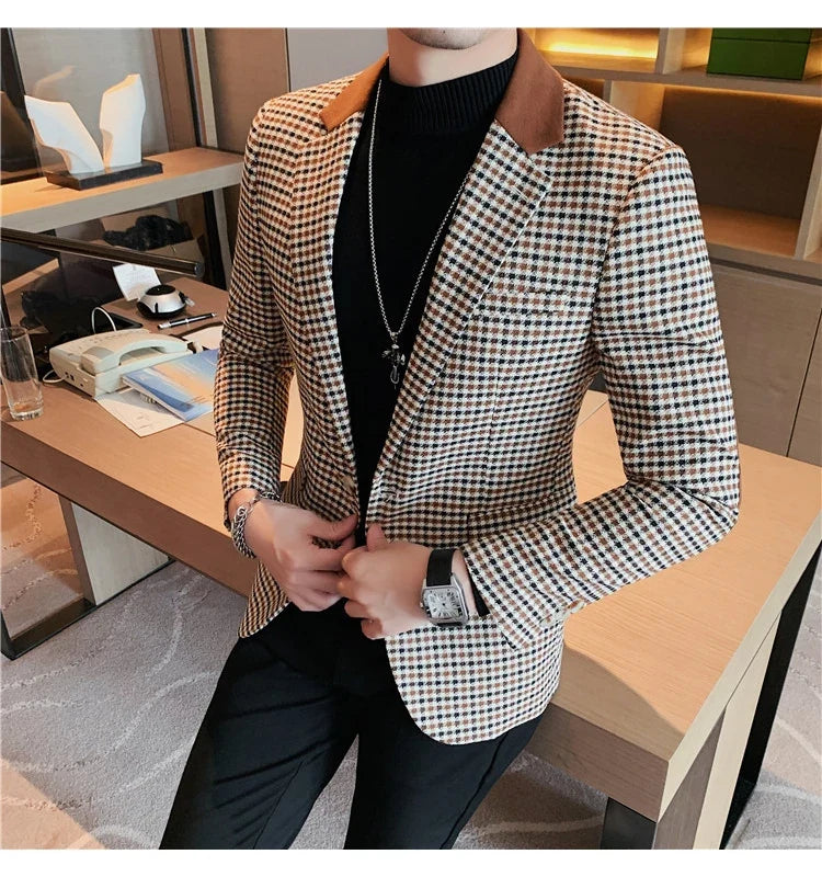 Brand Spring Plaid Men Blazers Business Casual Suit Jacket Men Clothing High-quality Streetwear Social Wedding Groom Dress Coat