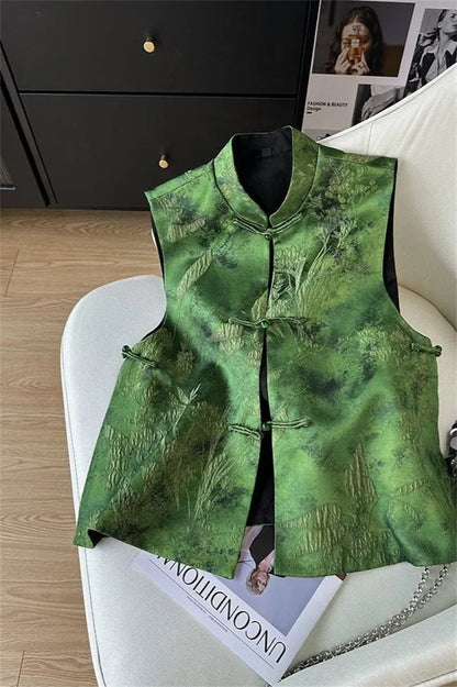 2025 Retro Chinese Literature Green Jacquard Vest Classical Chic Versatile Waistcoat Female Sleeveless Singlet Tops