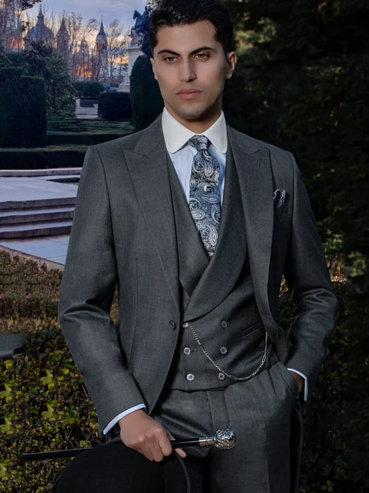Men Suit Dark Gray 3 Pieces Solid With Lapel Business Casual For Wedding Party Banquet Work Set Jacket Vest With Pants