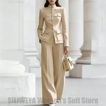 Women's Ivory Suit Mandarin Collar 2 Piece Military Style Gold Buttons Blazer Wide Leg Pants Wedding Party Prom Lady Suits