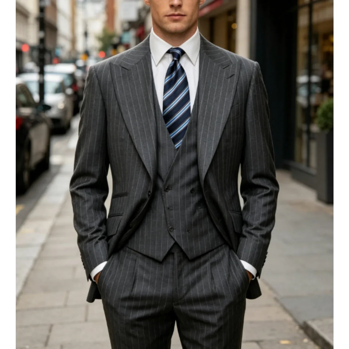 Mens Grey Pinstripe 3 Piece Suit Single Breasted Wide Peak Lapel Vest And Pants Formal Business Wedding Guest Customized