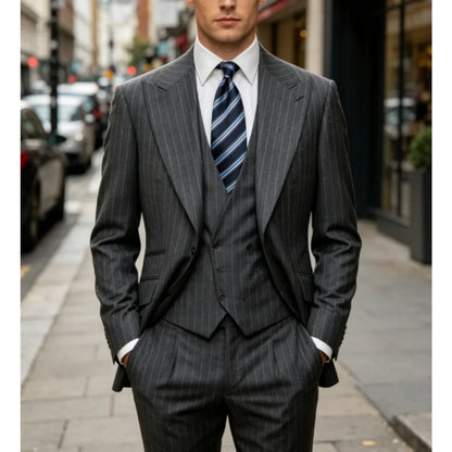 Mens Grey Pinstripe 3 Piece Suit Single Breasted Wide Peak Lapel Vest And Pants Formal Business Wedding Guest Customized