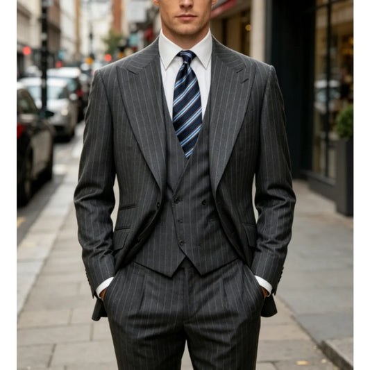Mens Grey Pinstripe 3 Piece Suit Single Breasted Wide Peak Lapel Vest And Pants Formal Business Wedding Guest Customized
