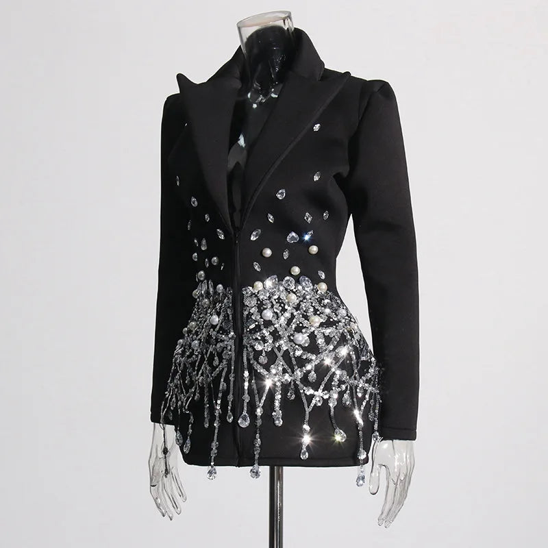 Sexy Socialite Style Blazer Dress 2025 Spring Autumn New Women's Turn-Down Collar Long Sleeve Sequin Diamond Jacket  HK8313