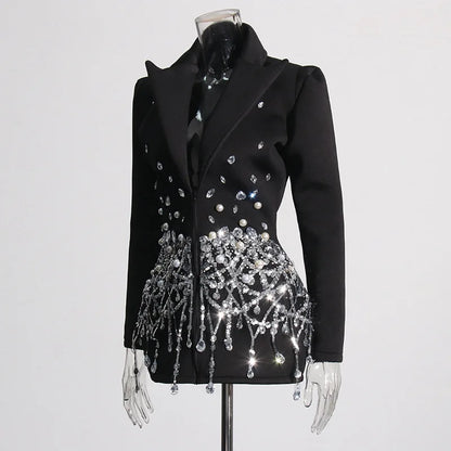 Sexy Socialite Style Blazer Dress 2025 Spring Autumn New Women's Turn-Down Collar Long Sleeve Sequin Diamond Jacket  HK8313
