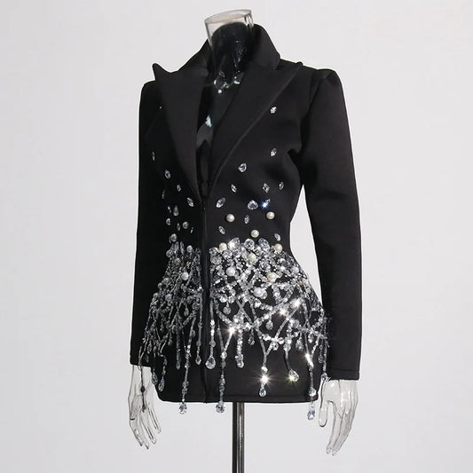 Sexy Socialite Style Blazer Dress 2025 Spring Autumn New Women's Turn-Down Collar Long Sleeve Sequin Diamond Jacket  HK8313
